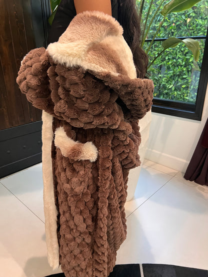 Stylish Soft-Touch Faux Fur Chocolate Robe with Tone-on-Tone Champaign Cozy Interior – Perfect for Lounging or Luxe Outdoor Wear - REXA ROBE 4.