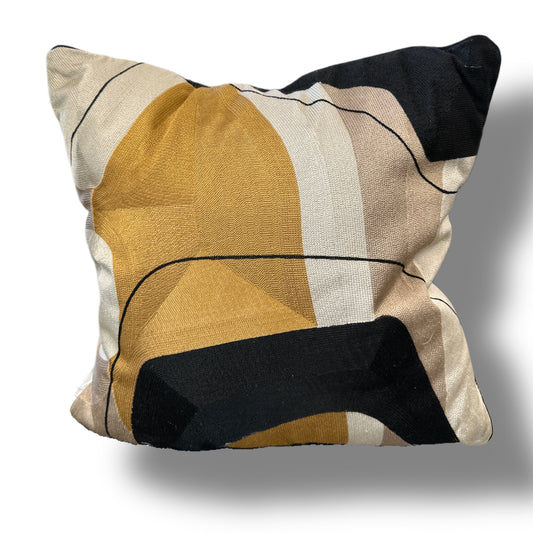 Black Velvet Throw Pillow with Bronze, Black, Beige, Ivory & Mustard Holographic Geometric Embroidery - SEV003.