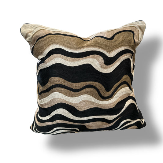 Black Velvet Throw Pillow with Bronze, Black, Beige & Ivory Abstract Embroidery - SEV005.