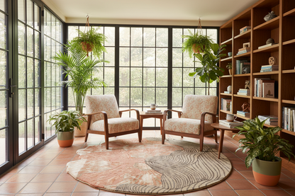 A cozy reading nook with two mid-century modern armchairs upholstered in a beige floral fabric, set on a round patterned rug. The room features a large wooden bookshelf on the right, black-framed glass windows looking out onto greenery, and several potted plants, including two hanging plants.