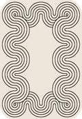 Indoor/Outdoor Ivory Rug with Black Geometric Swirl and Live Edge Design.