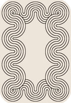 Indoor/Outdoor Ivory Rug with Black Geometric Swirl and Live Edge Design.