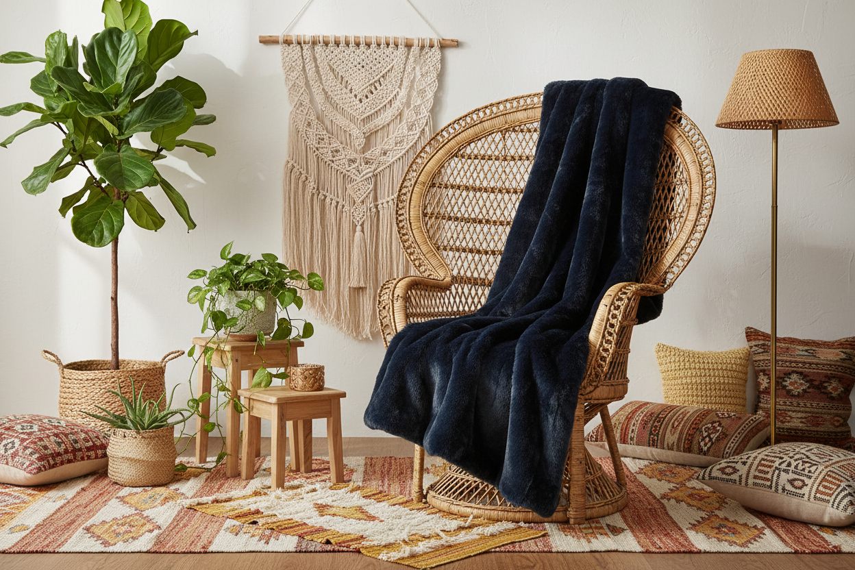 Luxe Dark Indigo Chinchilla Faux Fur Throw Blanket – Ultra-Soft Plush Warmth