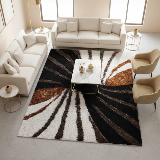 Shaggy Viscose Hand-Tufted Area Rug – Ivory, Black & Gold | SVD-80