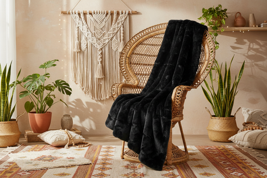 Luxe Black Chinchilla Faux Fur Throw Blanket – Ultra-Soft Plush Bedspread