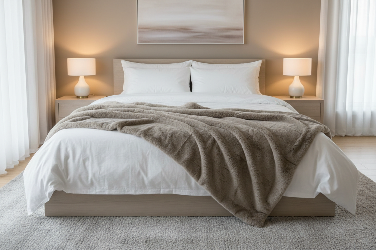 Luxe Cozy Mocha Chinchilla Faux Fur Throw Blanket – Ultra-Soft Plush Bedspread