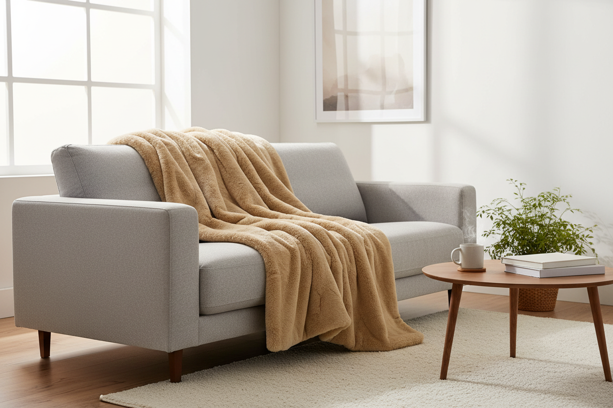 Luxe Beige Chinchilla Faux Fur Throw Blanket – Ultra-Soft Plush Bedspread