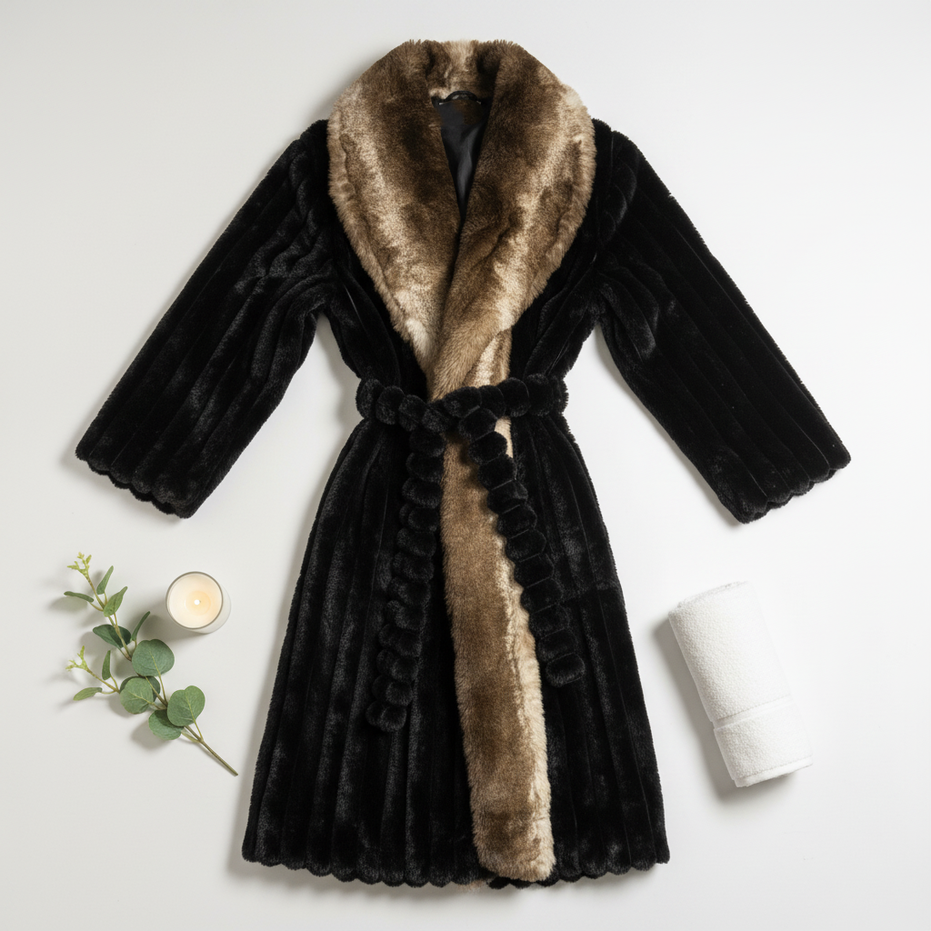 Black fur coat with a brown fur collar on a white background