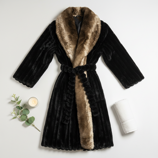 Black fur coat with a brown fur collar on a white background