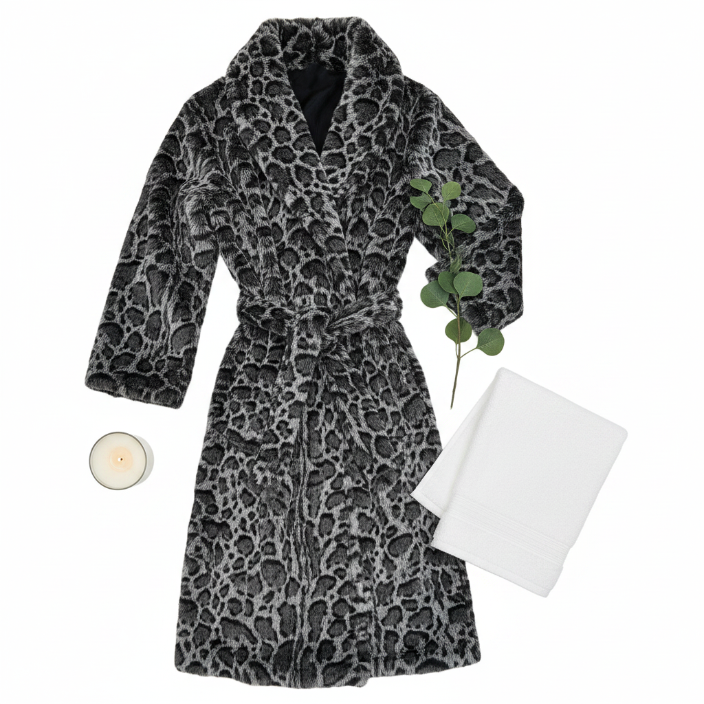 Elegant Luxurious Soft Faux Mink Robe – Indoor/Outdoor Wear, Unisex - MINKO 12 Black Leopard