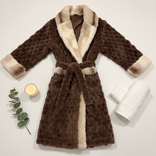 Stylish Soft-Touch Faux Fur Chocolate Robe with Tone-on-Tone Champaign Cozy Interior – Perfect for Lounging or Luxe Outdoor Wear - REXA ROBE 4.