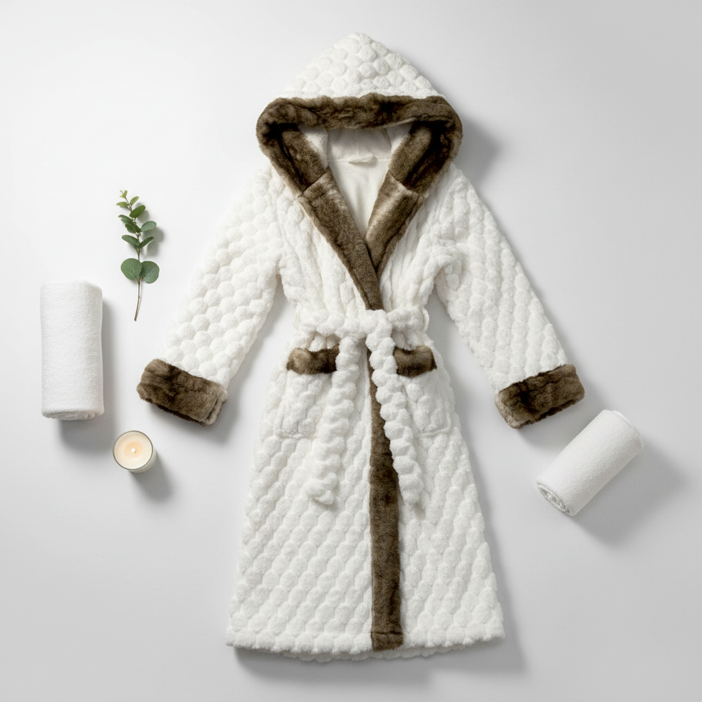 Winter Luxurious Offwhite Faux Fur Hooded Robe