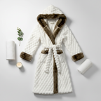 Winter Luxurious Offwhite Faux Fur Hooded Robe