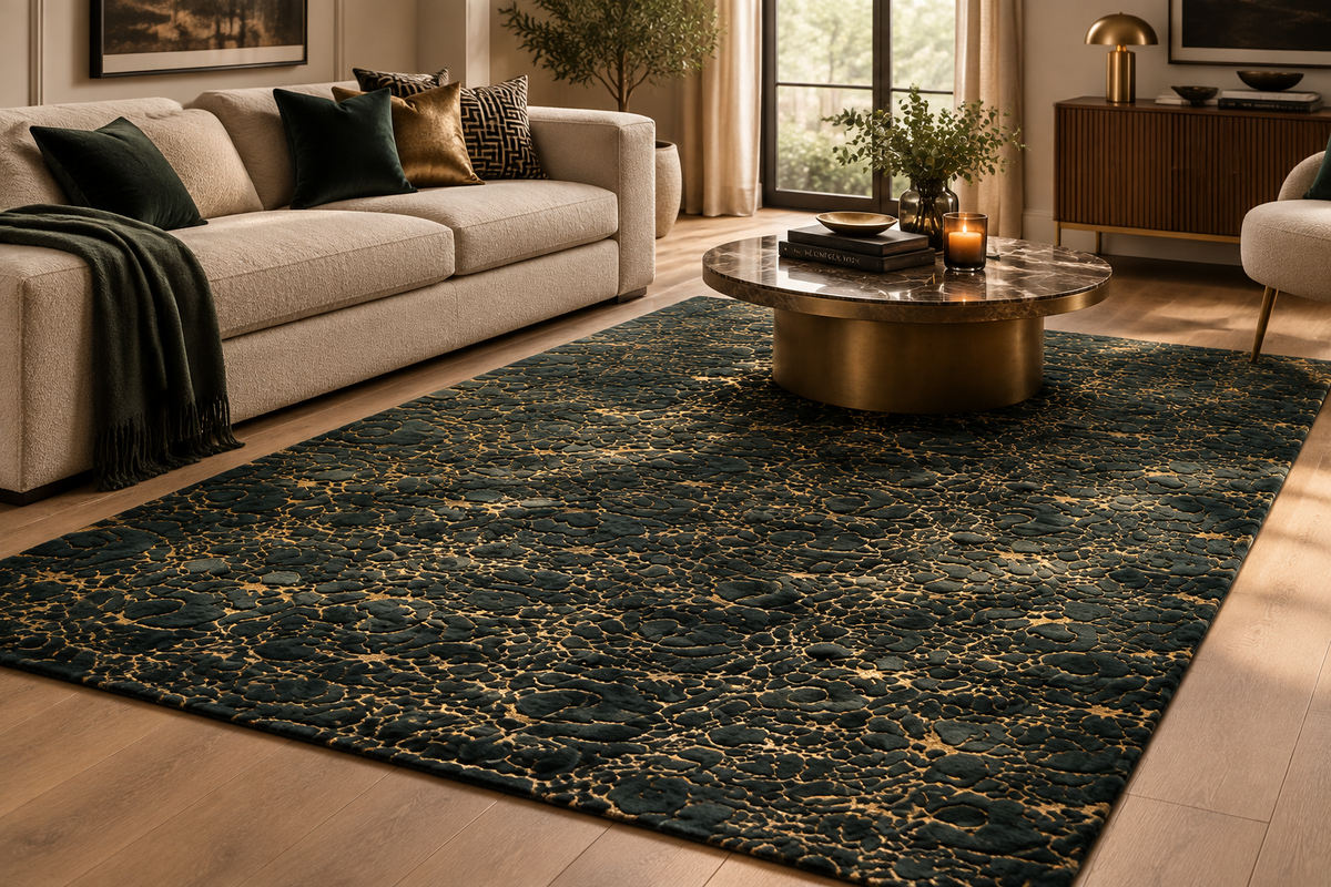 Hunter Green With Golden Metallic Shimmery Design Faux Rabbit Touch Rugs