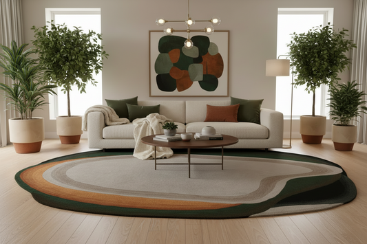 Modern living room with a large round rug, sofa, coffee table, and decorative elements.