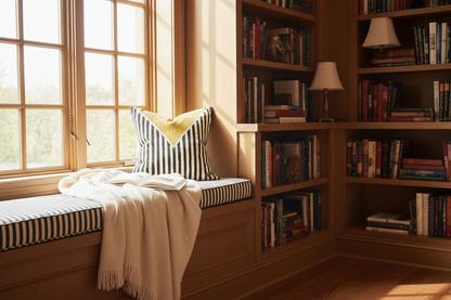 A cozy window seat with a striped cushion and cream throw blanket, set in a sunlit room with tall wooden bookshelves and books.
