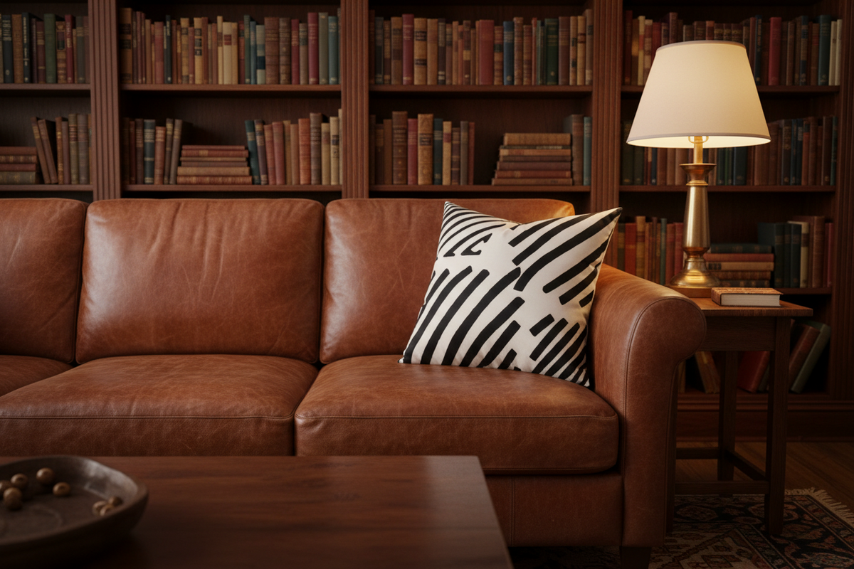 A brown leather sofa in a cozy library setting, featuring a black and white zebra-patterned throw pillow and a lit table lamp on a side table against a background of bookshelves.