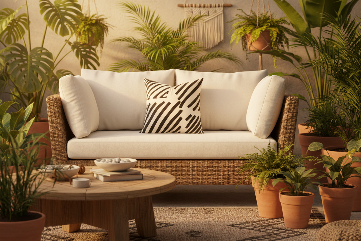 A wicker outdoor sofa with thick white cushions and a black-and-white patterned accent pillow, styled in a warm, plant-filled patio setting with a wooden coffee table and potted plants.