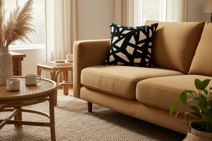 A tan fabric sofa in a bright, modern living room setting, styled with a black and cream geometric patterned throw pillow, a wicker coffee table, and a potted plant.