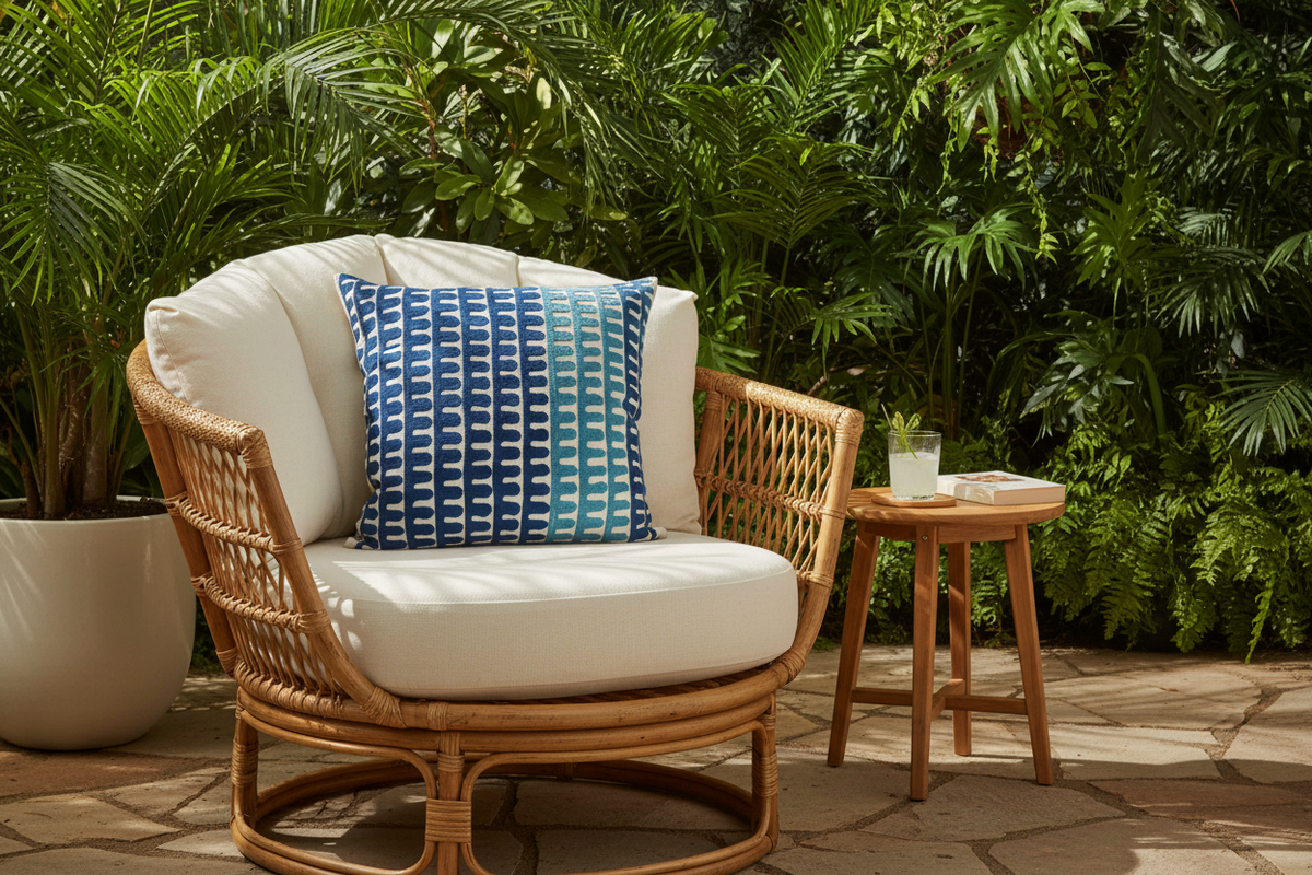 A wicker patio armchair with white cushions and a blue patterned accent pillow, shown outdoors on a stone patio with tropical greenery and a small wooden side table.