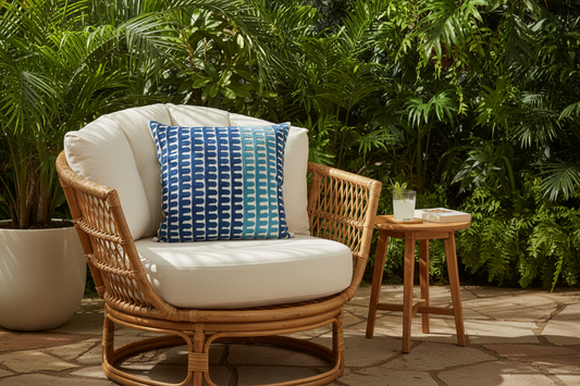 A wicker patio armchair with white cushions and a blue patterned accent pillow, shown outdoors on a stone patio with tropical greenery and a small wooden side table.