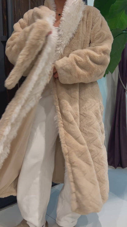 Stylish Sandy Beige Soft-Touch Robe with Two-Tone Ivory Velvet Interior – Perfect for Lounging or Luxe Outdoor Wear - REXA ROBE 6