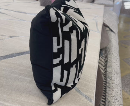 Black Velvet Pillow Featuring Beige Abstract Geometric Embroidery - SEV007.