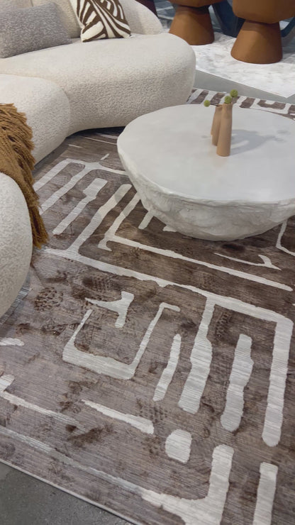 Cream Viscose Rug with Two-Tone Bronze Geometric Detailing - KAI 212