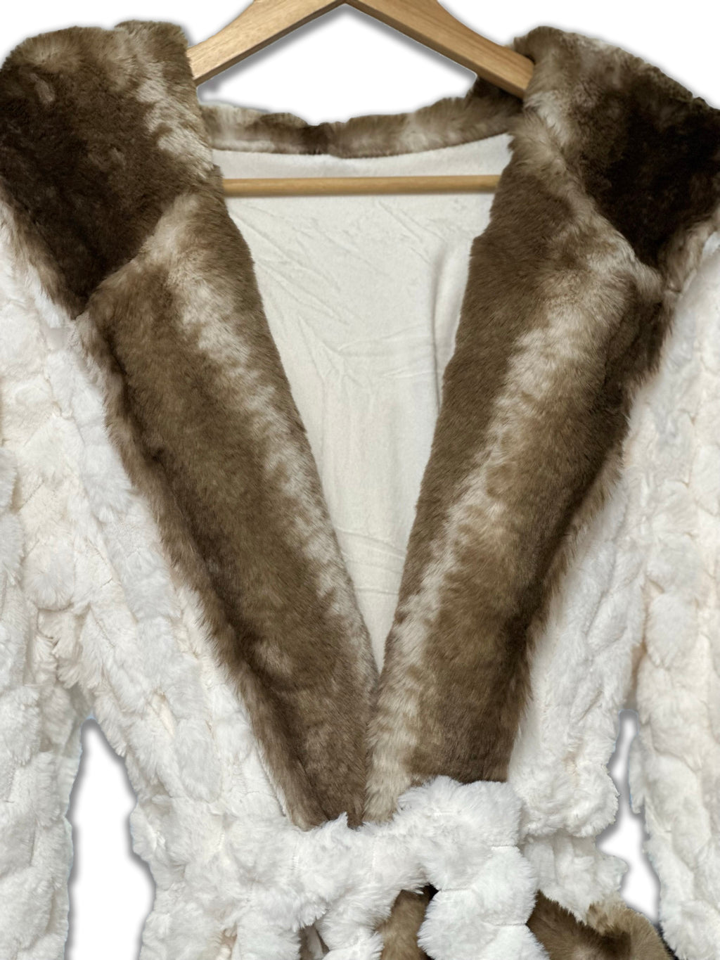 Winter Luxurious Offwhite Faux Fur Hooded Robe