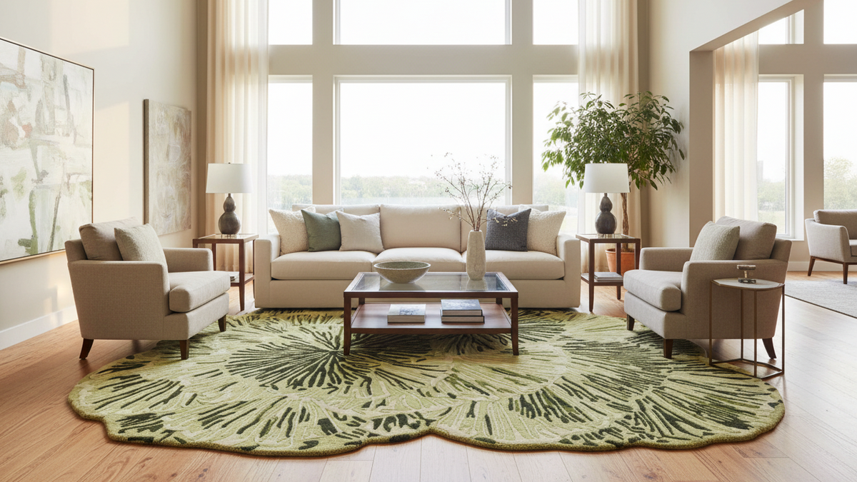 A styled living room featuring a large scalloped oval area rug in olive green and beige with a leaf-like pattern, paired with a cream sofa, two beige armchairs, and a dark wood coffee table.