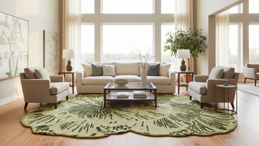 A styled living room featuring a large scalloped oval area rug in olive green and beige with a leaf-like pattern, paired with a cream sofa, two beige armchairs, and a dark wood coffee table.