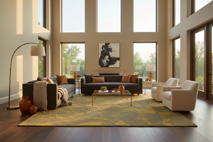A modern living room with a dark gray sectional sofa, two cream armchairs, a yellow patterned area rug, a glass coffee table, and tall windows with warm natural light.