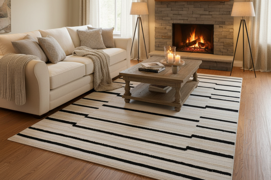 Soft Cream Rug with High-Low 3D Detail with Black/Neutral Striped Bohemian Motif - TIA 102.