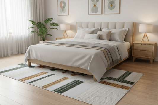 Cream Boho Area Rug – High-Low Texture with Earthy Hues of Mustard, Green & Beige - TIA 103.