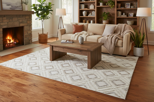 Soft Cream Rug with Brown and Beige Bohemian Motif and High-Low Texture - TIA 106.