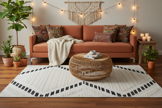 Soft Cream Rug with High-Low Detail and Black/Beige Bohemian Motif - TIA 109.