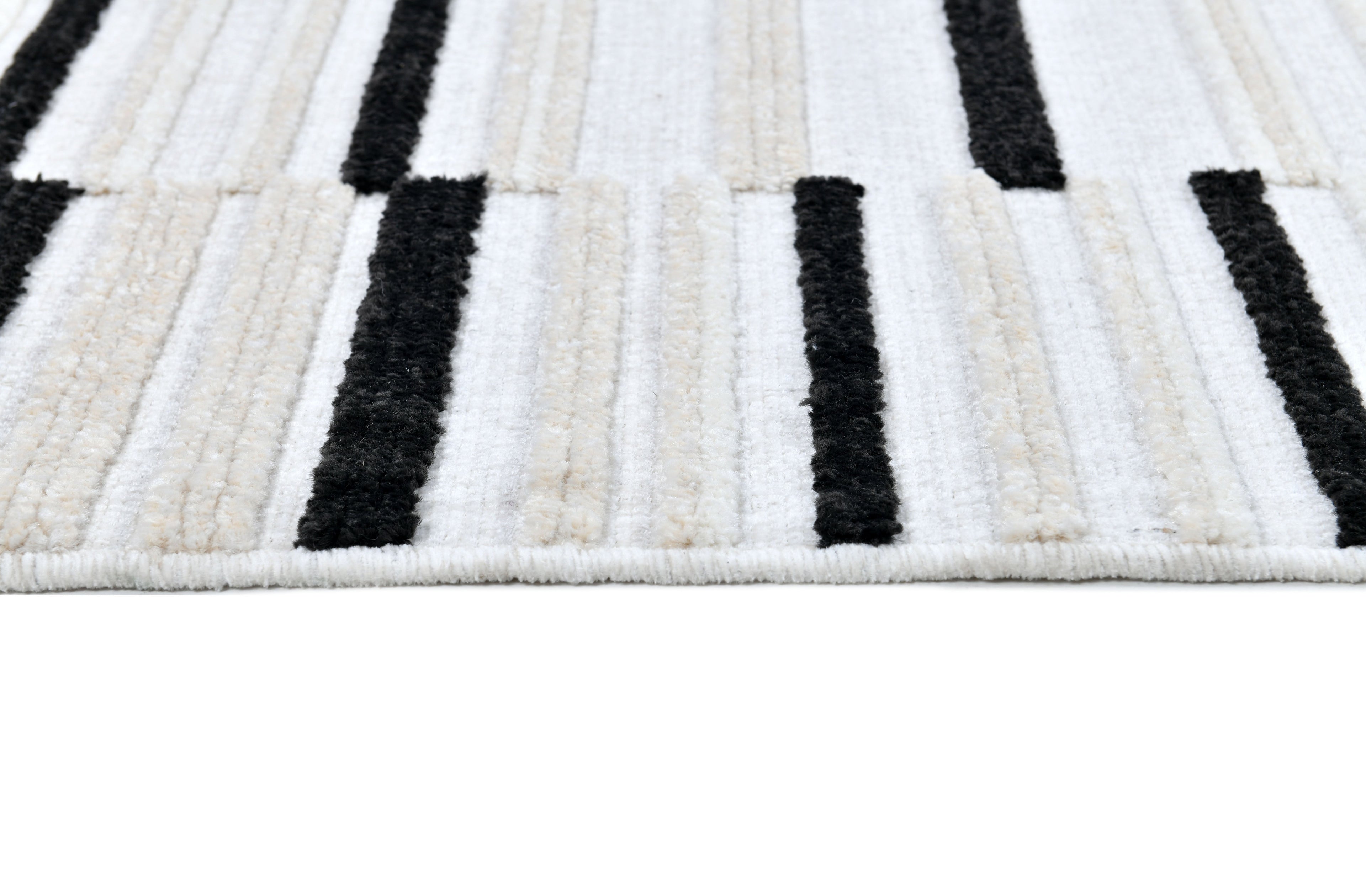 Soft Cream Rug with High-Low 3D Detail with Black/Neutral Striped Bohemian Motif - TIA 102.