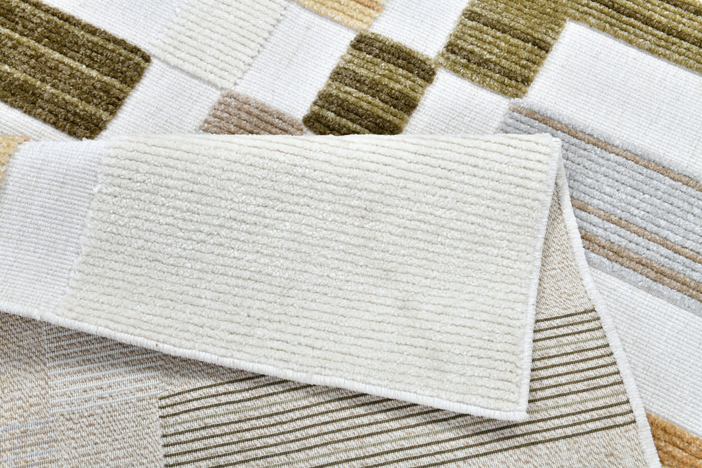Cream Boho Area Rug – High-Low Texture with Earthy Hues of Mustard, Green & Beige - TIA 103.