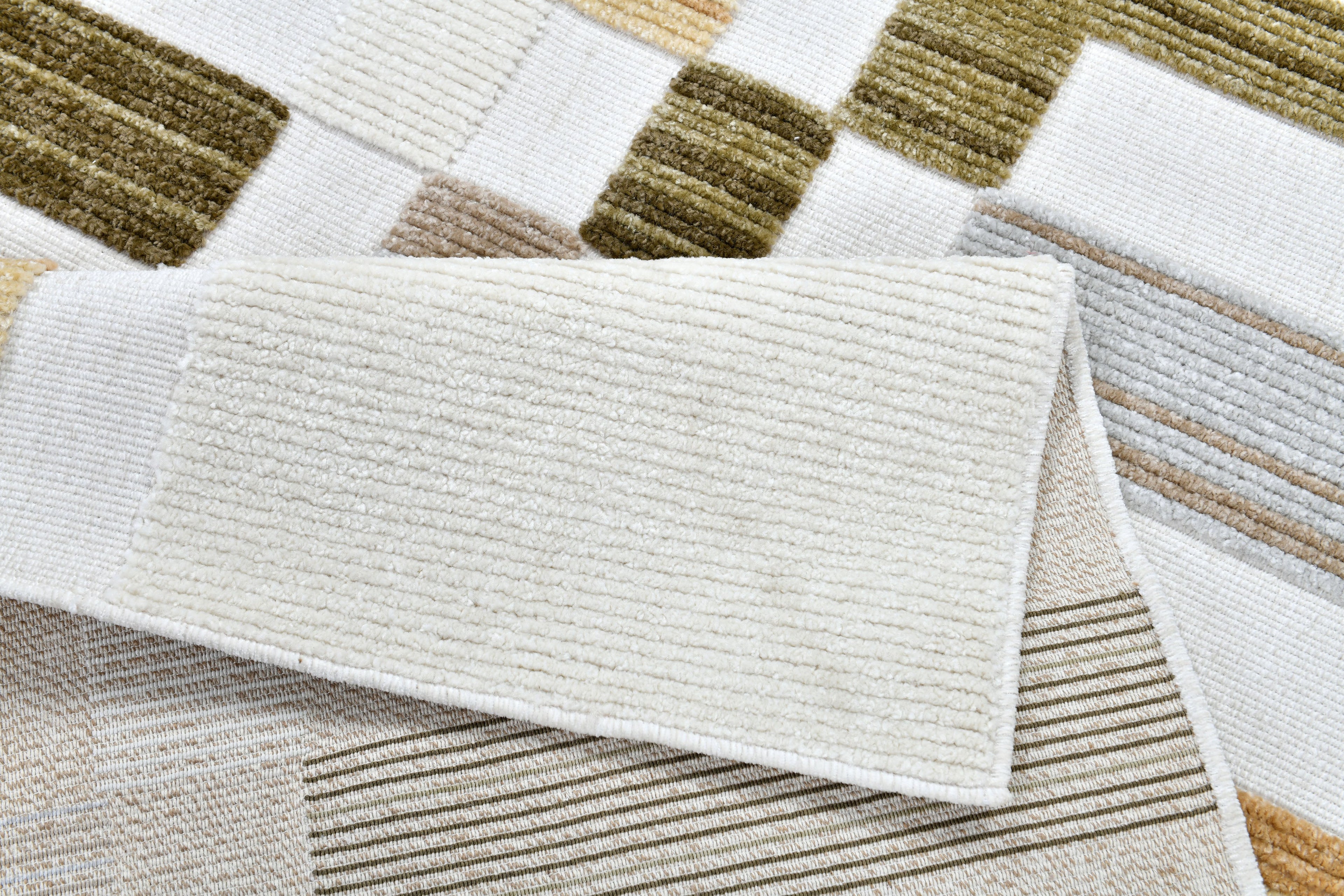 Cream Boho Area Rug – High-Low Texture with Earthy Hues of Mustard, Green & Beige - TIA 103.