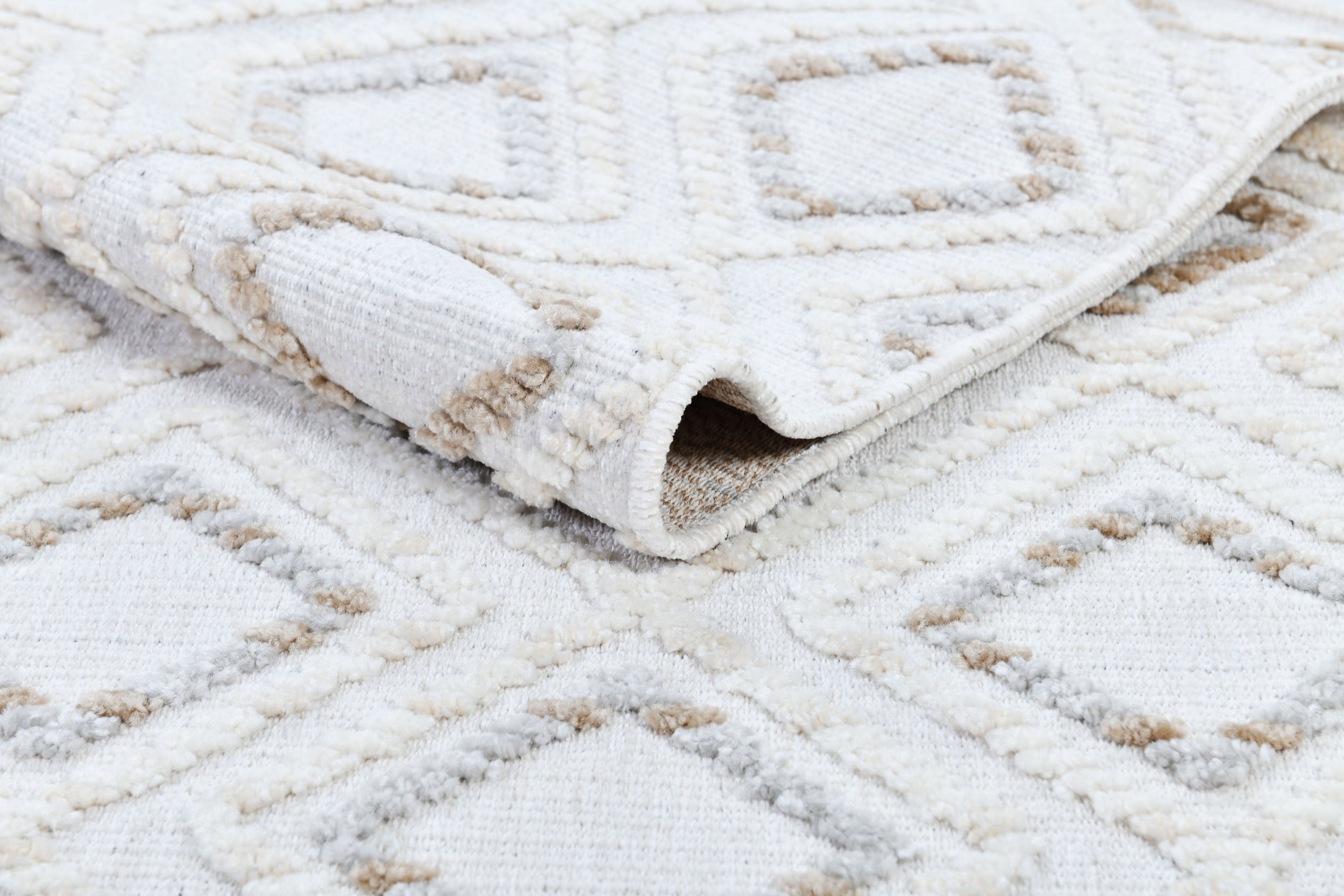 Soft Cream Rug with Brown and Beige Bohemian Motif and High-Low Texture - TIA 106.