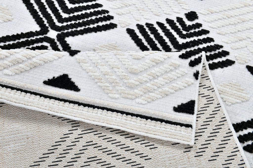 Soft Cream Rug with Beige Tones and Bohemian Black & Brown High-Low Motif - TIA 107.
