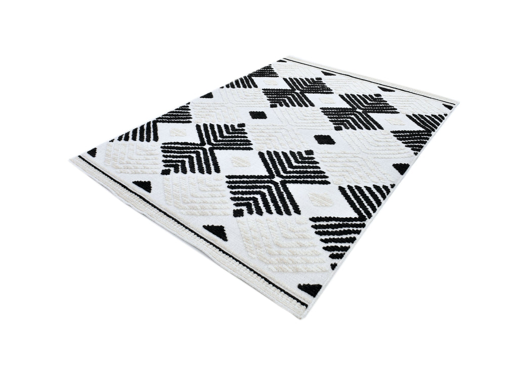 Soft Cream Rug with Beige Tones and Bohemian Black & Brown High-Low Motif - TIA 107.
