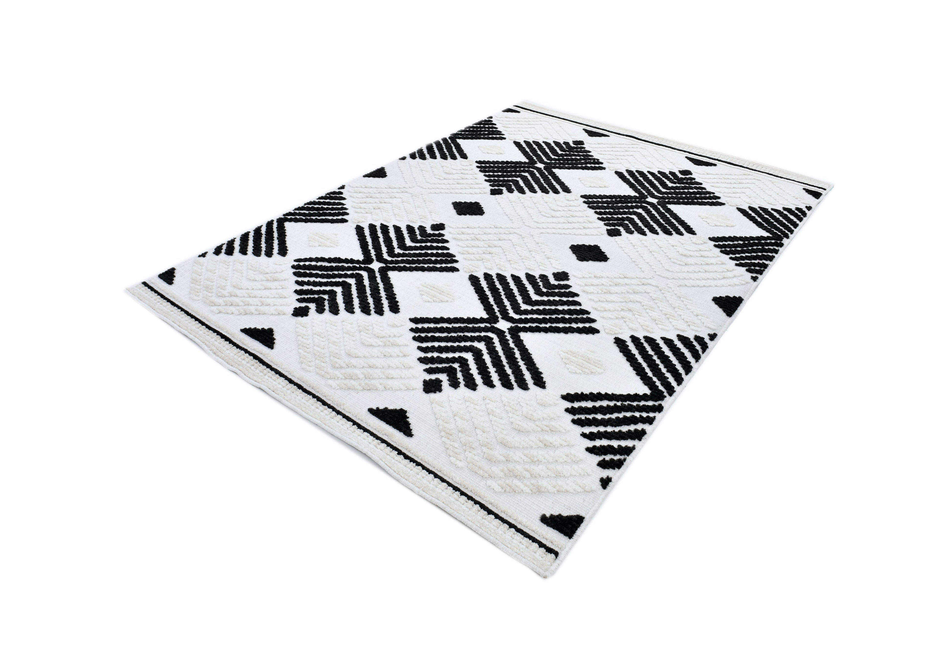 Soft Cream Rug with Beige Tones and Bohemian Black & Brown High-Low Motif - TIA 107.