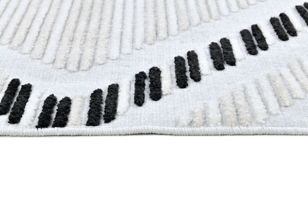 Soft Cream Rug with High-Low Detail and Black/Beige Bohemian Motif - TIA 109.