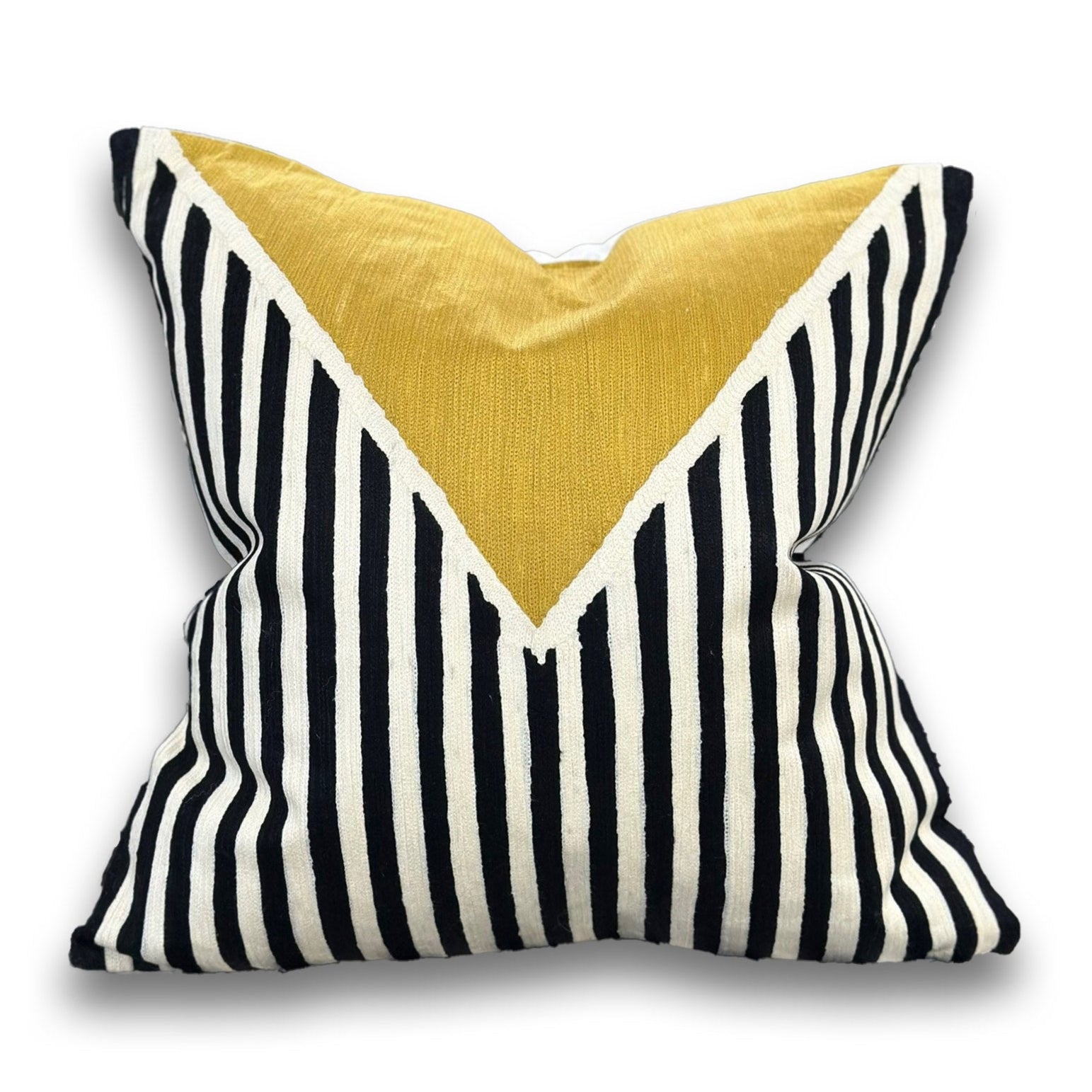 White Base Decorative Throw Pillow with Black & Ivory Geometric Embroidery and Mustard Graphic - VIVA012.