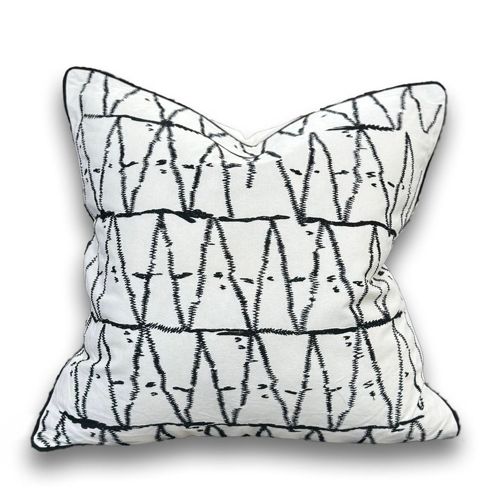 White Velvet Pillow with Black Embroidered Abstract and Thick Border - VIVA015.