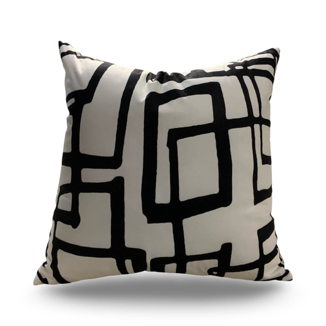 White Throw Pillow Featuring Black Velvet Geometric Squares - VIVA018.