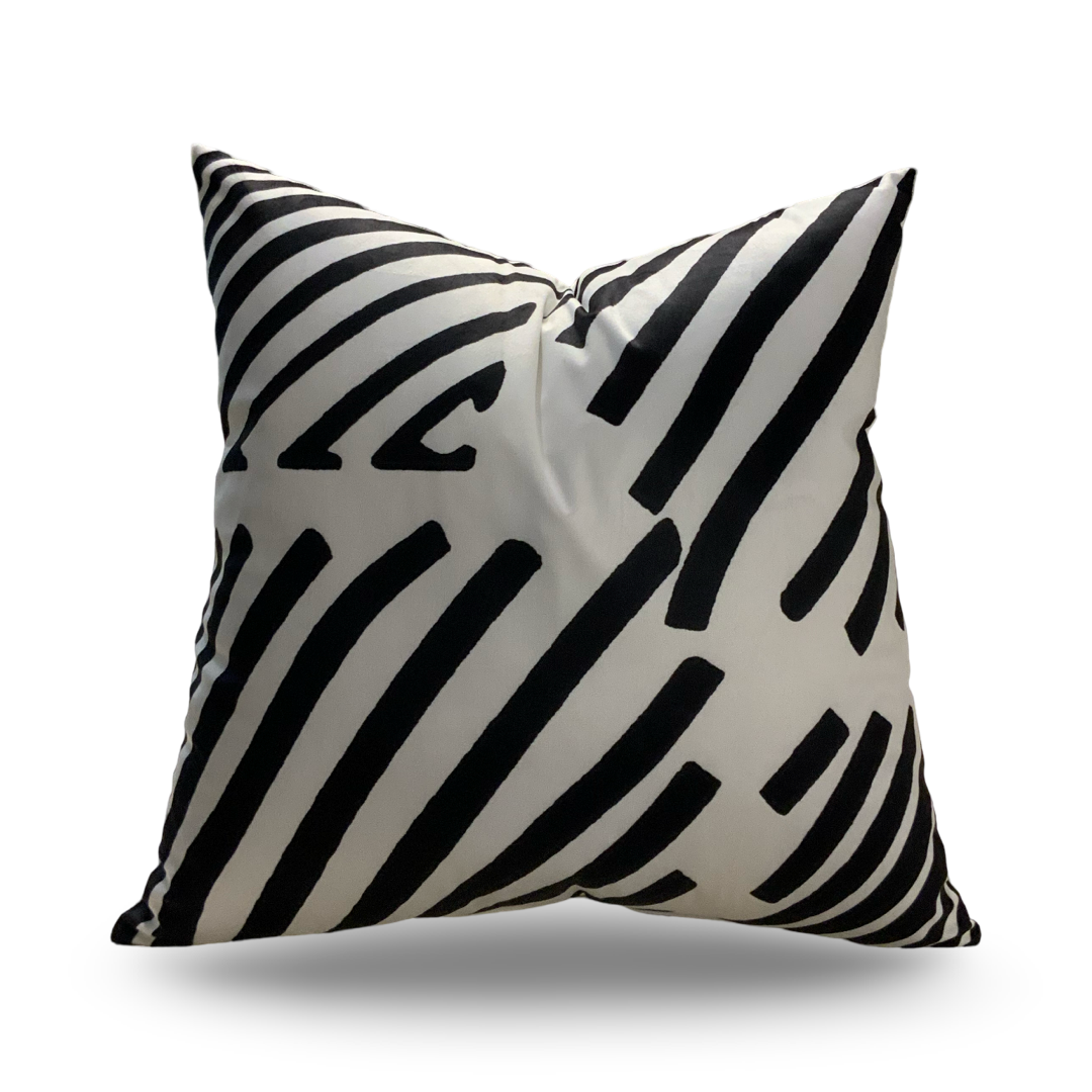 White Throw Pillow with Bold Black Velvet Geometric Design - VIVA019.