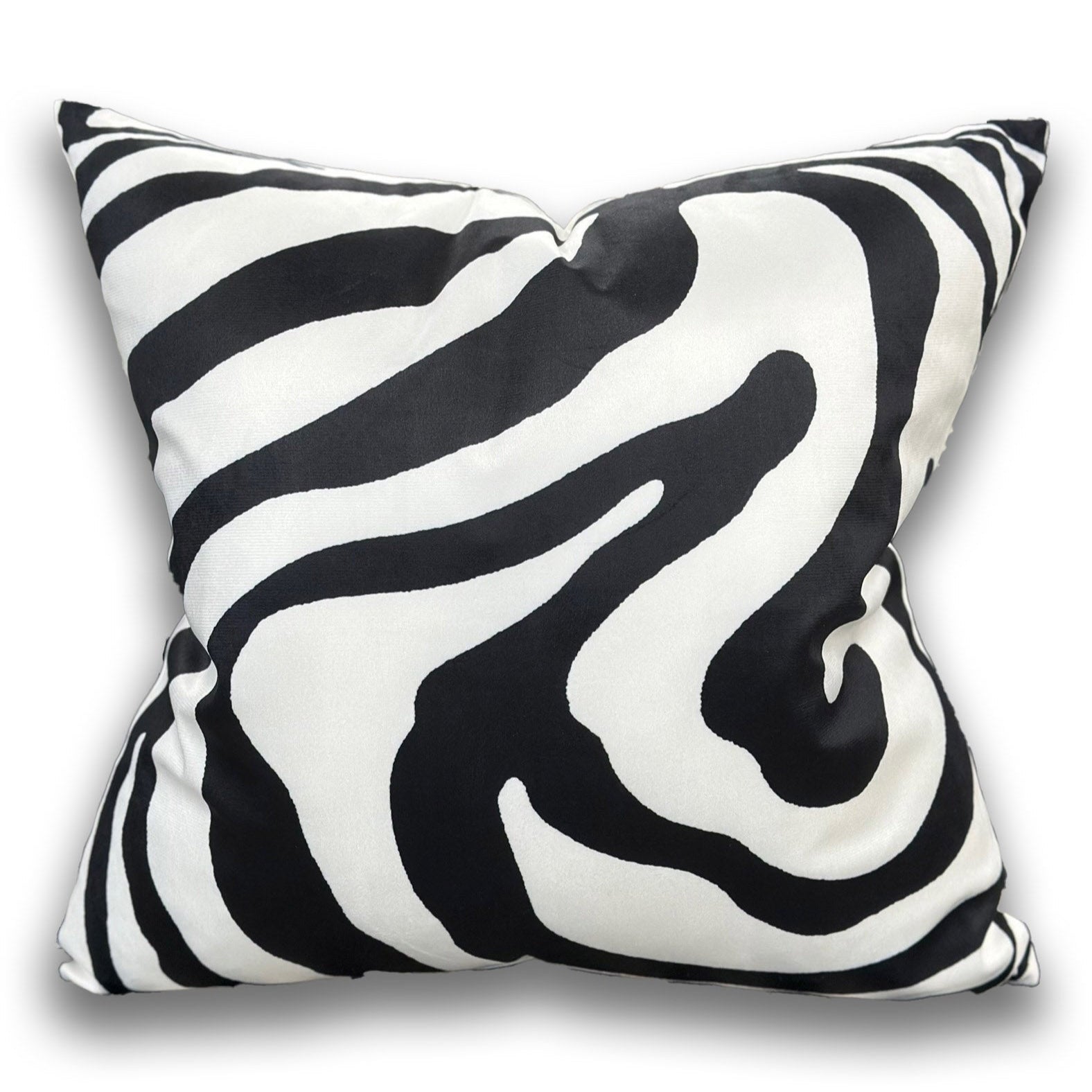 Modern Velvet Throw Pillow – White Abstract with Black Swirled Zebra Design - VIVA021.