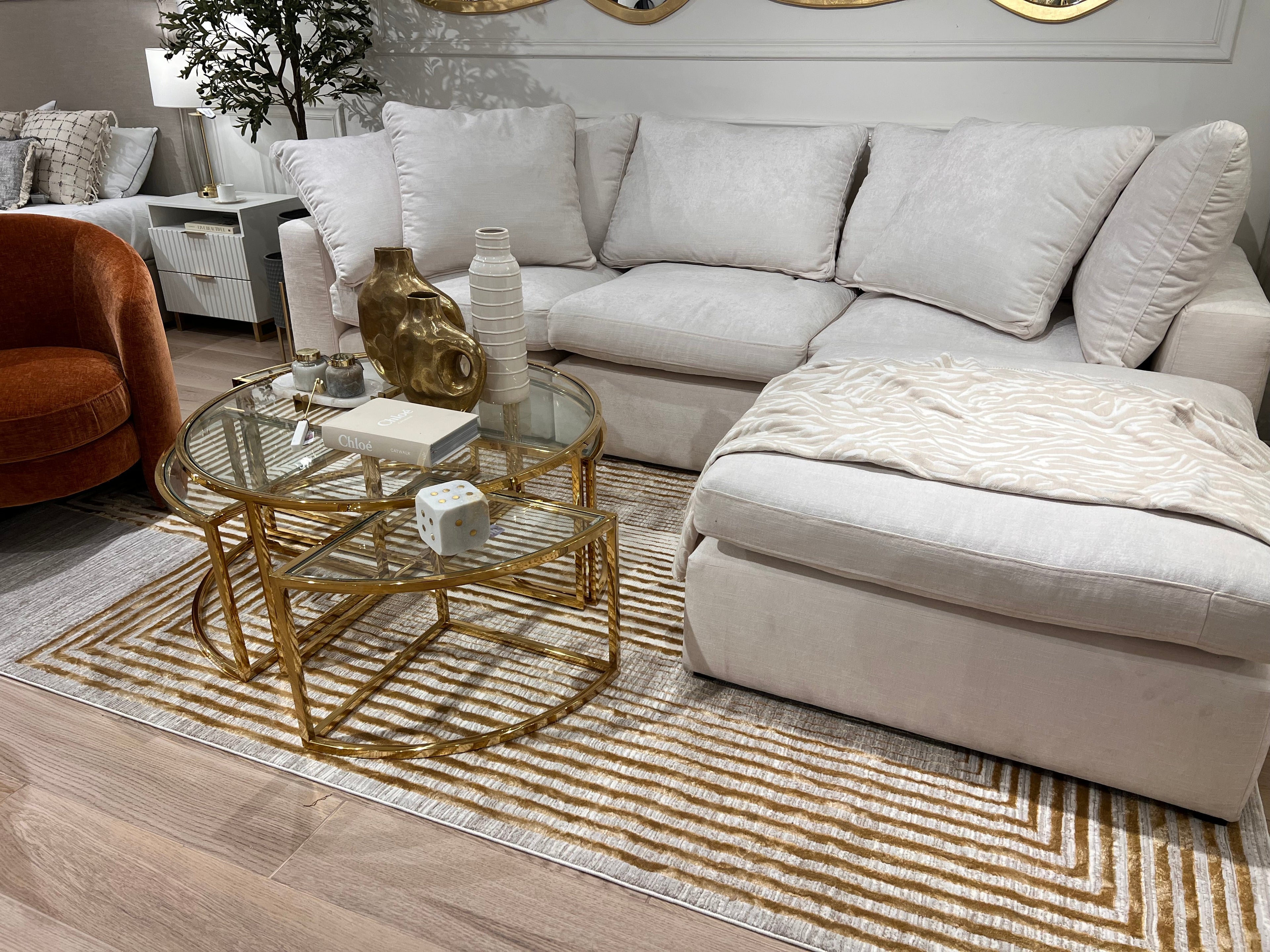 Abstract Crème Beige Rug with Gold Bronze Geometrical Double Stacked Square High-Low Design - METZ 4207.